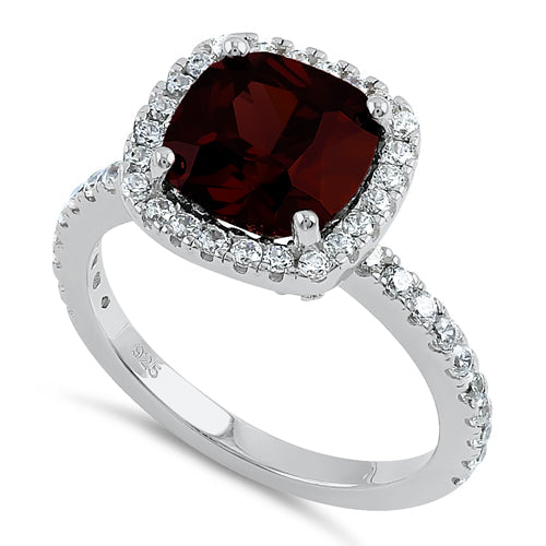 Sterling Silver Cushion Cut Dark Garnet CZ Ring