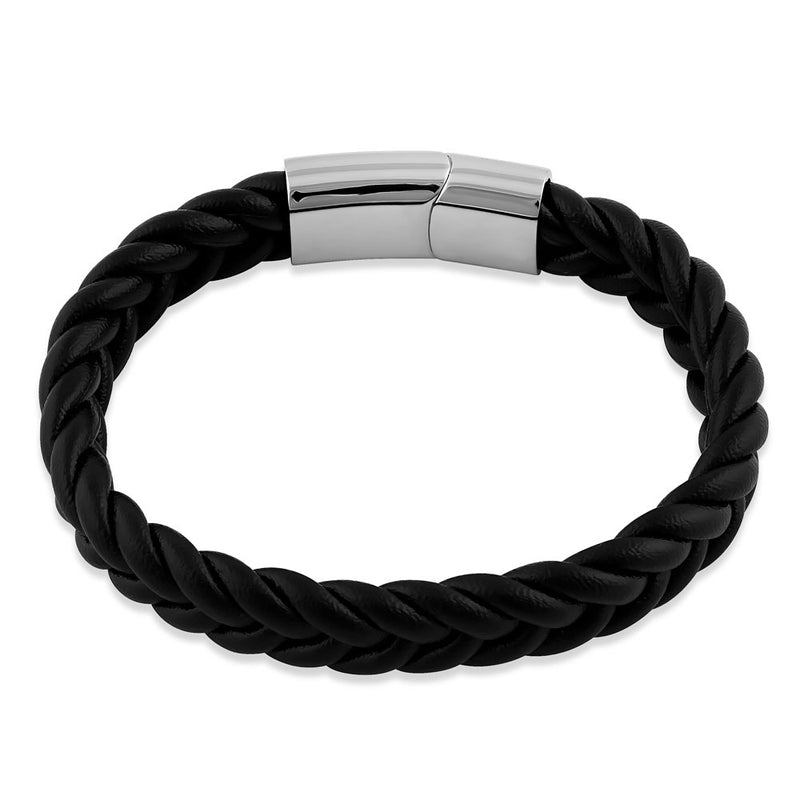 Stainless Steel Black Leather Twist Bracelet