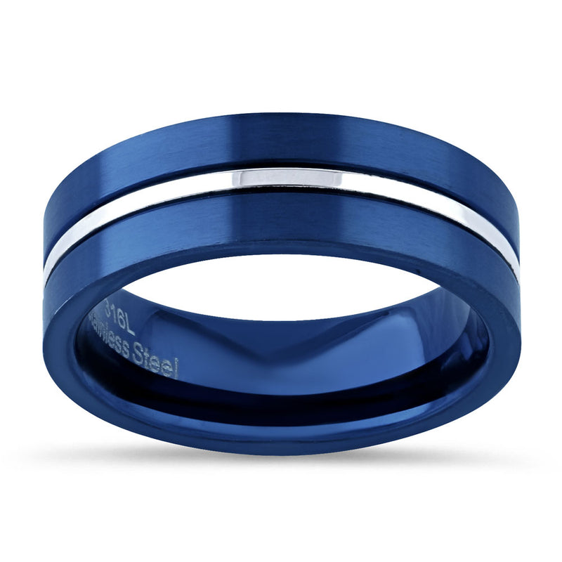 Blue Stainless Steel 6.5mm Satin Finish Striped Band Ring