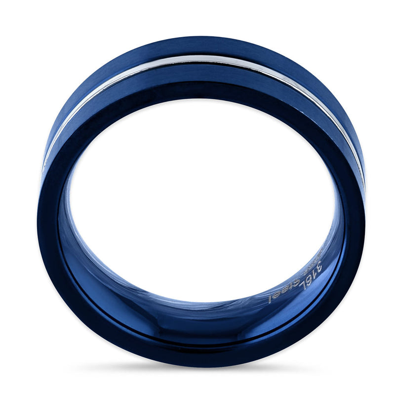 Blue Stainless Steel 6.5mm Satin Finish Striped Band Ring