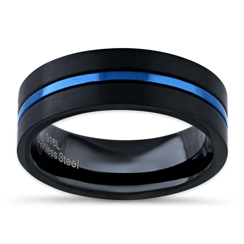 Black Stainless Steel 6.5mm Satin Finish Blue Striped Band Ring