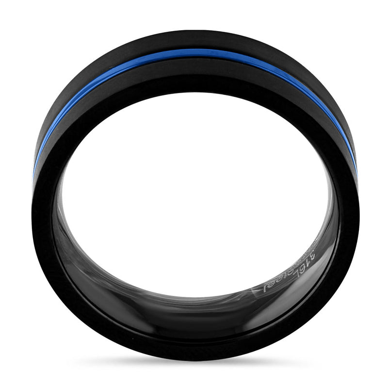 Black Stainless Steel 6.5mm Satin Finish Blue Striped Band Ring