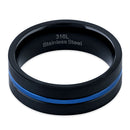 Black Stainless Steel 6.5mm Satin Finish Blue Striped Band Ring