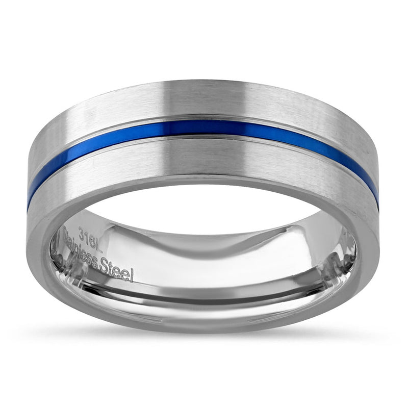 Stainless Steel 6.5mm Satin Finish Blue Striped Band Ring