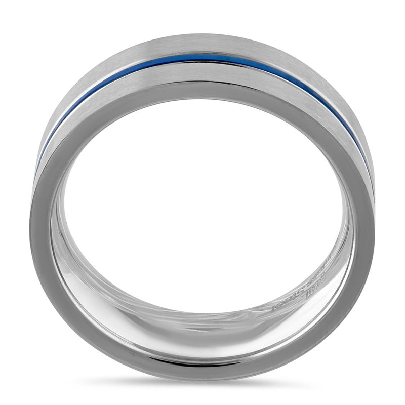 Stainless Steel 6.5mm Satin Finish Blue Striped Band Ring