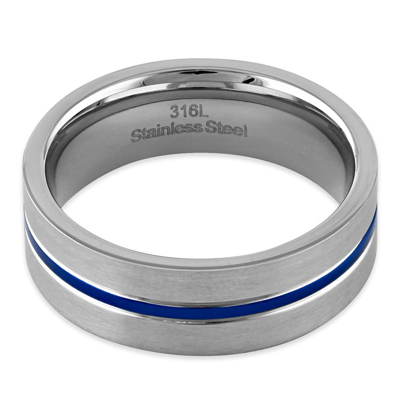 Stainless Steel 6.5mm Satin Finish Blue Striped Band Ring