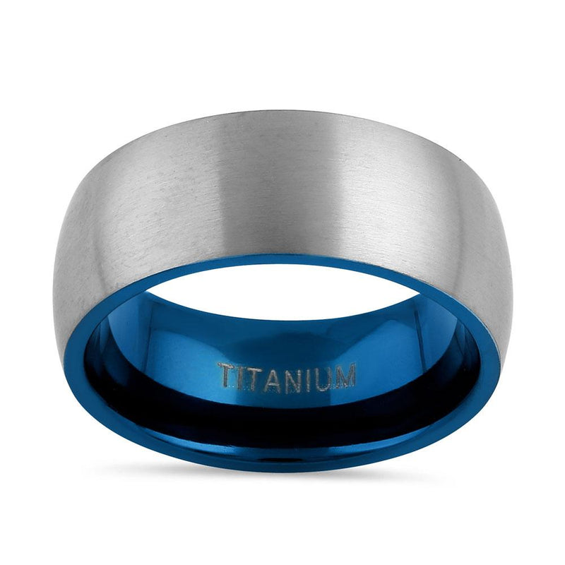 Titanium Silver and Blue 8mm Brushed Band Ring