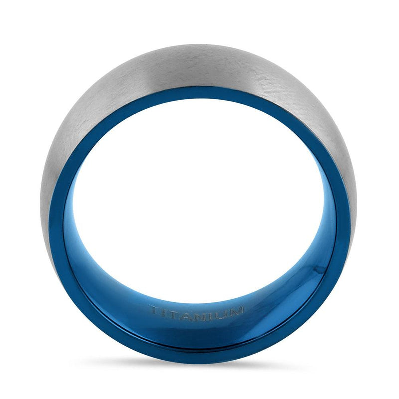 Titanium Silver and Blue 8mm Brushed Band Ring