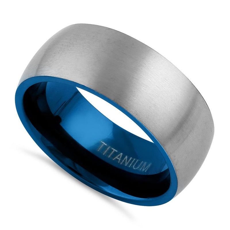 Titanium Silver and Blue 8mm Brushed Band Ring