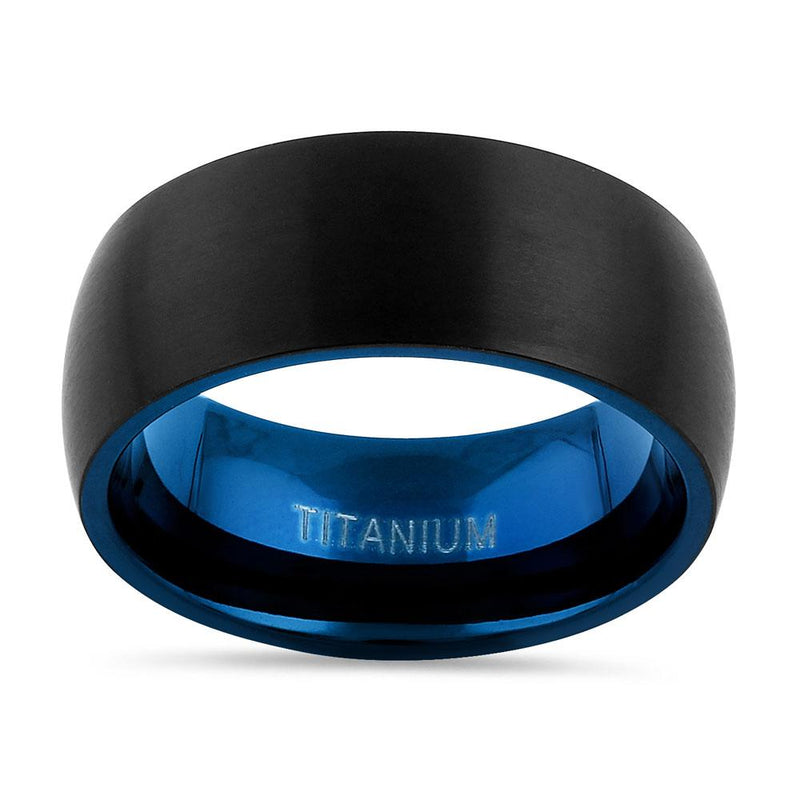 Titanium Black and Blue 8mm Brushed Band Ring