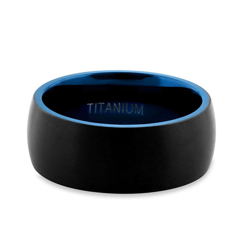 Titanium Black and Blue 8mm Brushed Band Ring