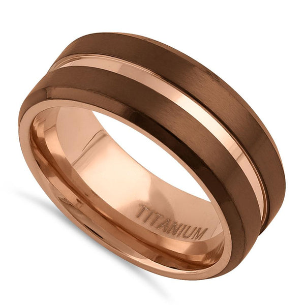 Titanium Coffee and Rose Gold 8mm Brushed with Stripe Band Ring