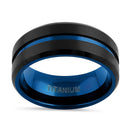 Titanium Black and Blue 8mm Brushed with Stripe Band Ring