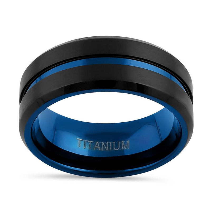 Titanium Black and Blue 8mm Brushed with Stripe Band Ring