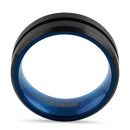 Titanium Black and Blue 8mm Brushed with Stripe Band Ring