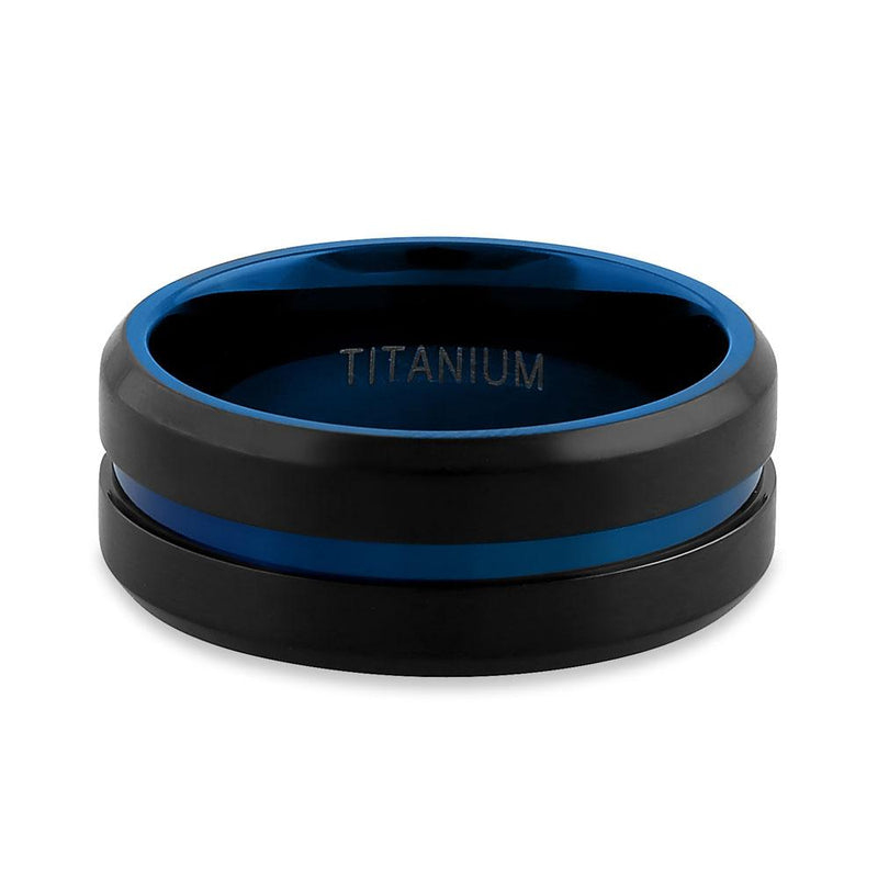 Titanium Black and Blue 8mm Brushed with Stripe Band Ring