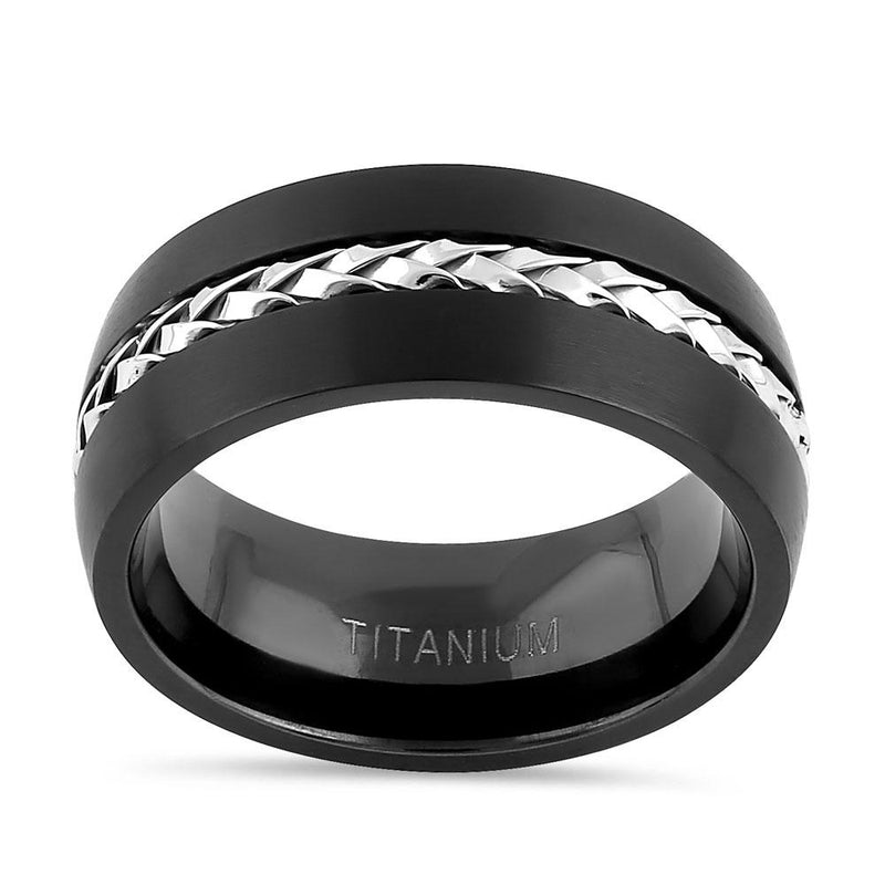 Titanium Black with Silver Steel Cable Band Ring