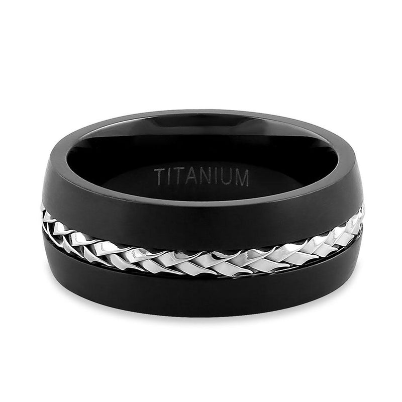 Titanium Black with Silver Steel Cable Band Ring