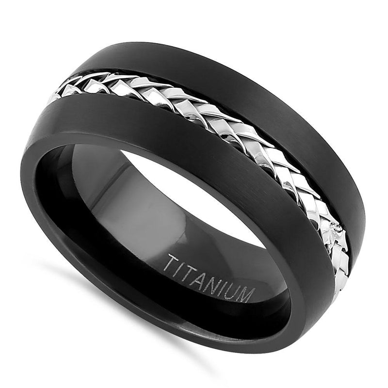 Titanium Black with Silver Steel Cable Band Ring