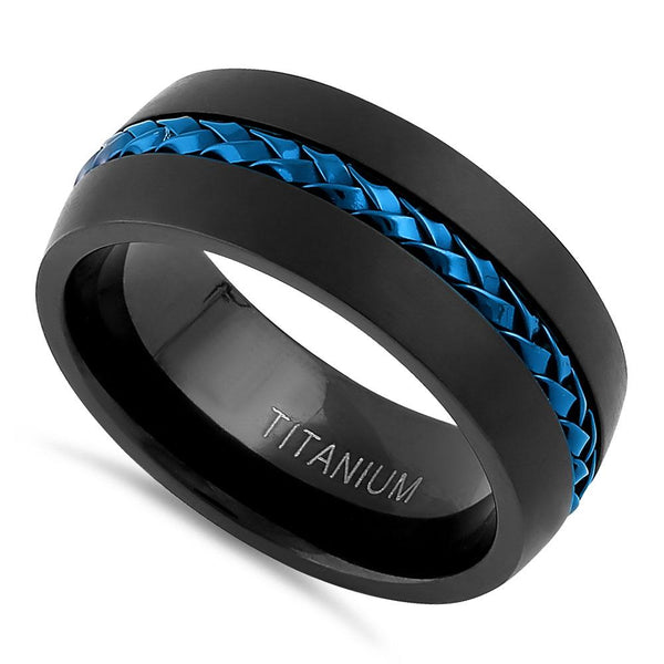 Titanium Black with Blue Steel Cable Band Ring