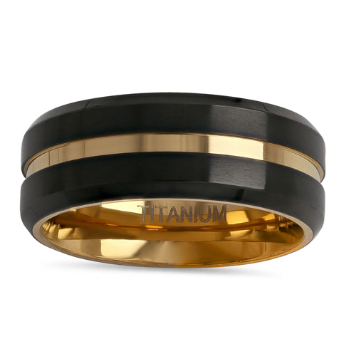 Titanium Black and Yellow Gold 8mm Brushed with Stripe Band Ring
