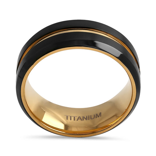 Titanium Black and Yellow Gold 8mm Brushed with Stripe Band Ring