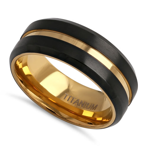 Titanium Black and Yellow Gold 8mm Brushed with Stripe Band Ring