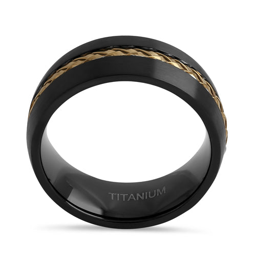 Titanium Black with Yellow Gold Steel Cable 8mm Band Ring