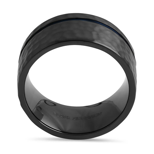 Black Zirconium with Blue Groove 10mm Hammered Brushed Band Ring