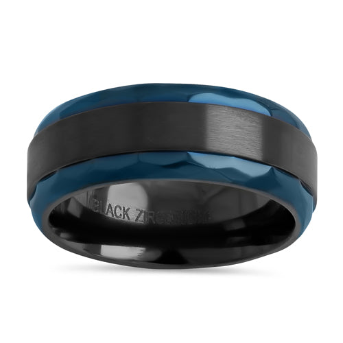 Black Zirconium 8mm Brushed Band with Blue Hammered Edges Band Ring