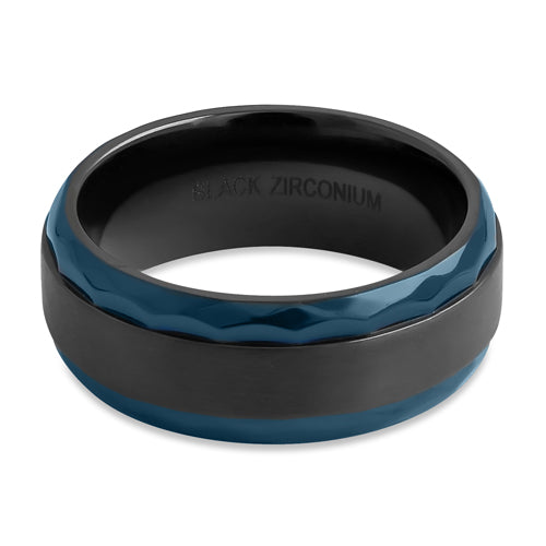 Black Zirconium 8mm Brushed Band with Blue Hammered Edges Band Ring
