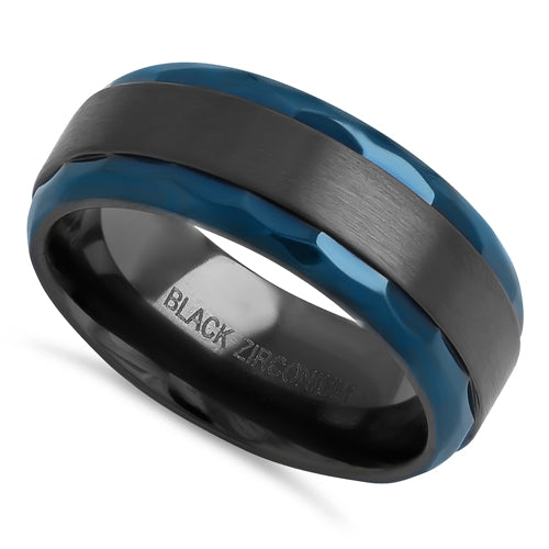 Black Zirconium 8mm Brushed Band with Blue Hammered Edges Band Ring