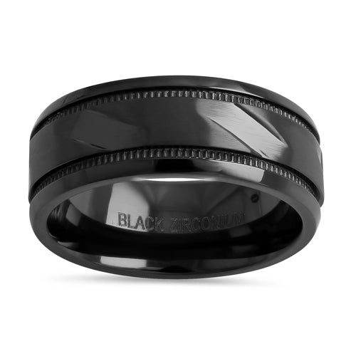Black Zirconium 8mm Coin Edged Brushed Band Ring