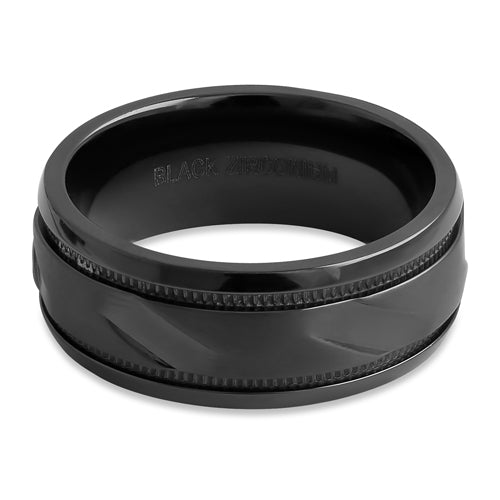 Black Zirconium 8mm Coin Edged Brushed Band Ring