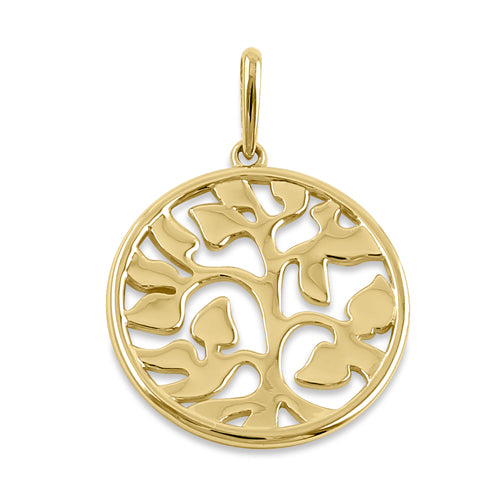 Solid 14K Yellow Gold Round Tree of Life Pendant