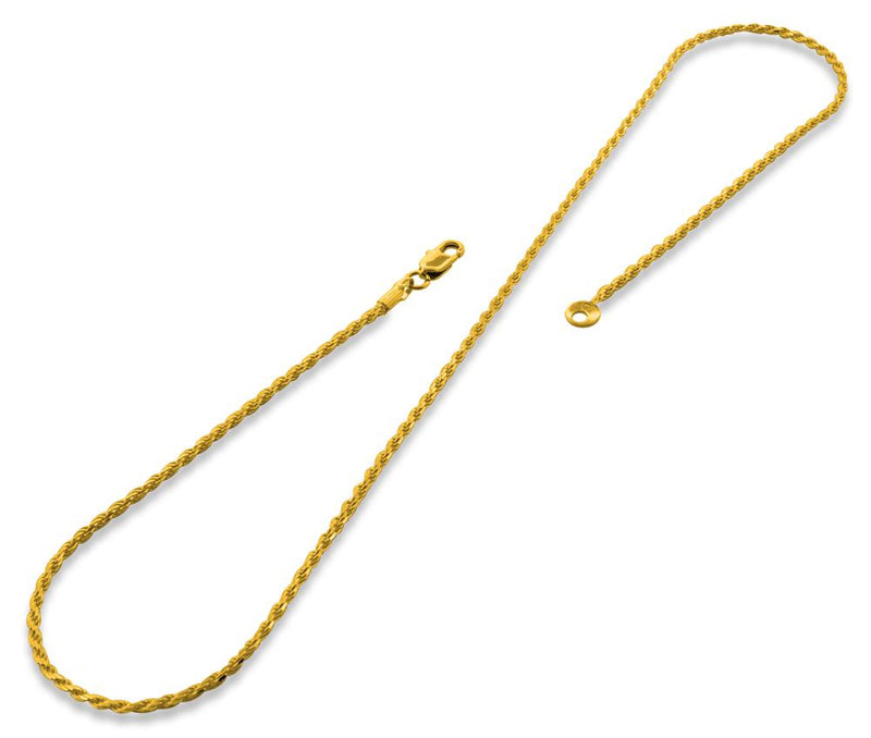 14K Gold Plated 20" Rope Brass Chain Necklace 1.73mm
