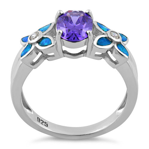 Sterling Silver Amethyst Center Stone Flower Blue Lab Opal Ring