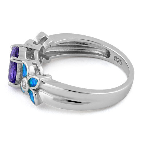 Sterling Silver Amethyst Center Stone Flower Blue Lab Opal Ring