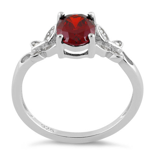 Sterling Silver Double Butterfly Dark Garnet Center Stone CZ Ring