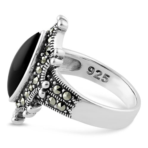 Sterling Silver Marquise Black Onyx Marcasite Ring