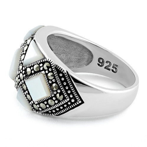 Sterling Silver Mother of Pearl Pattern Marcasite Ring