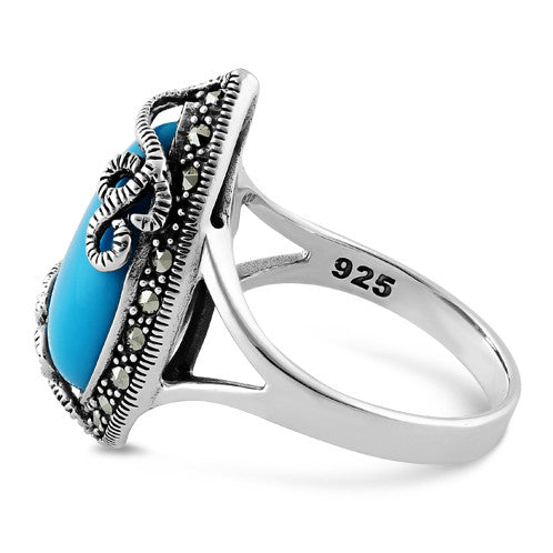 Sterling Silver Pear Shape Simulated Turquoise Marcasite Ring