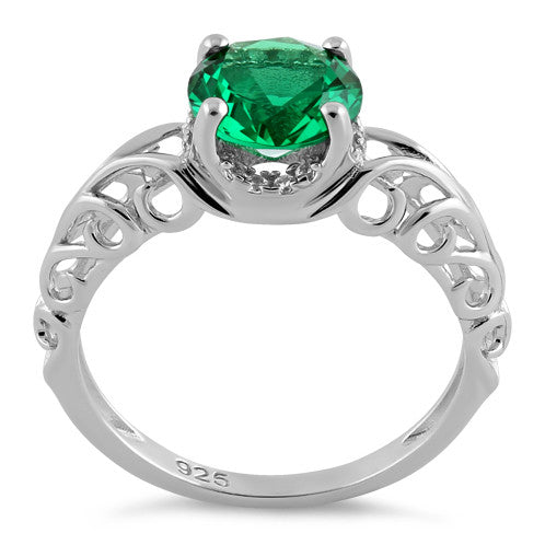 Sterling Silver Swirl Design Emerald and Clear CZ Ring