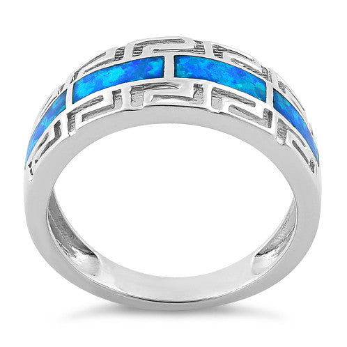 Sterling Silver Greek Pattern Blue Lab Opal Ring