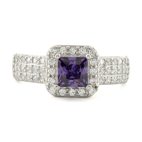 Sterling Silver Amethyst Princess Cut Pave CZ Ring