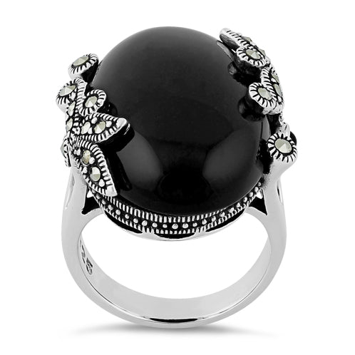 Sterling Silver Big Oval Black Onyx Floral Marcasite Ring