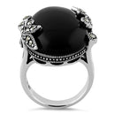 Sterling Silver Big Oval Black Onyx Floral Marcasite Ring