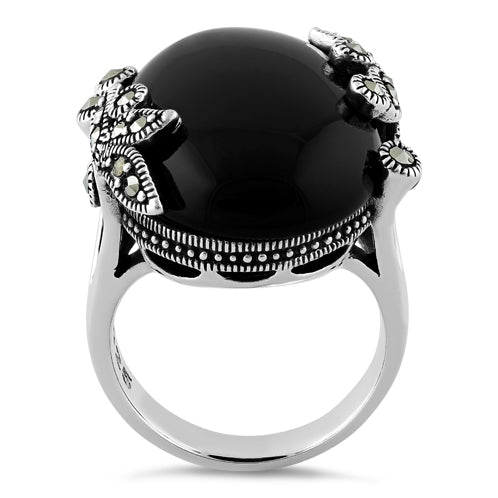 Sterling Silver Big Oval Black Onyx Floral Marcasite Ring