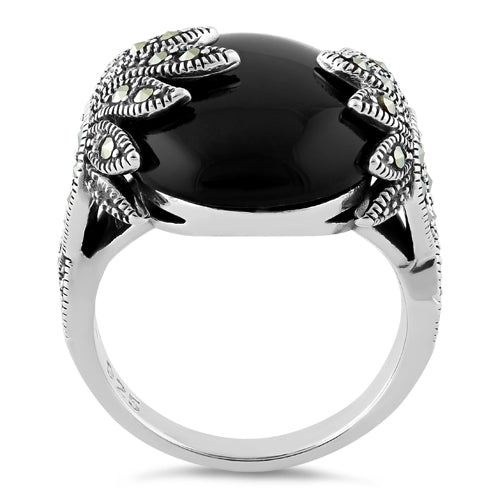 Sterling Silver Big Round Black Onyx Floral Marcasite Ring