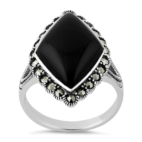 Sterling Silver Black Onyx Diamond Shape Marcasite Ring